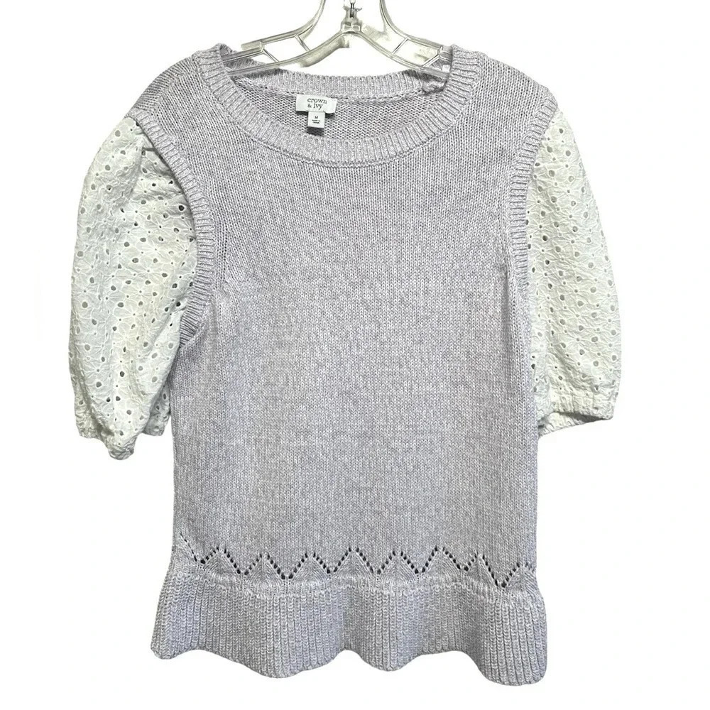 Stylish 2fer blouse & vest look with eyelet puff sleeves lavender Soft cotton M